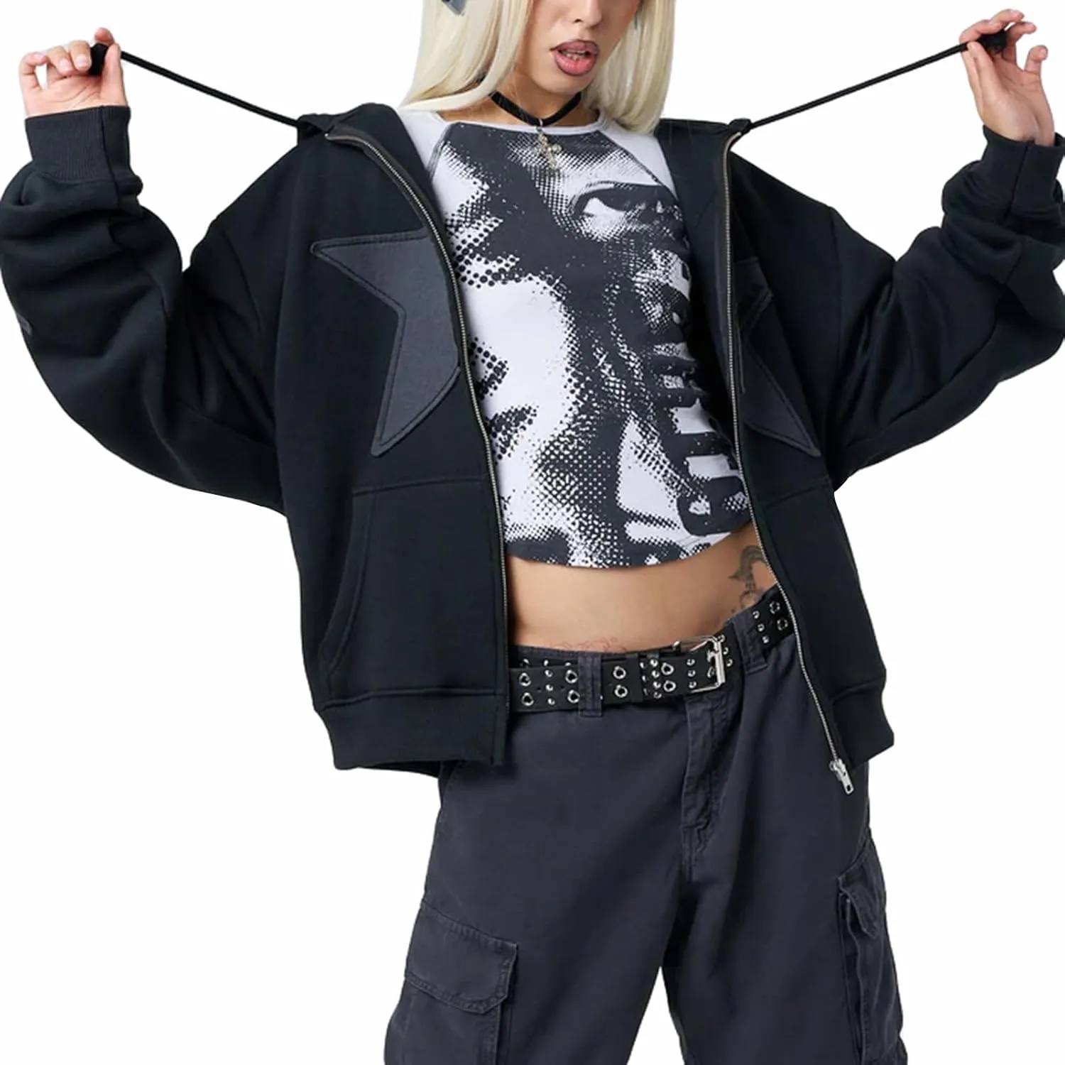 Sunwittafy Women Star Hoodie Y2k Zip Up Hoodies Long Sleeve Oversized Sweatshirt Vintage Punk Jacket Streetwear