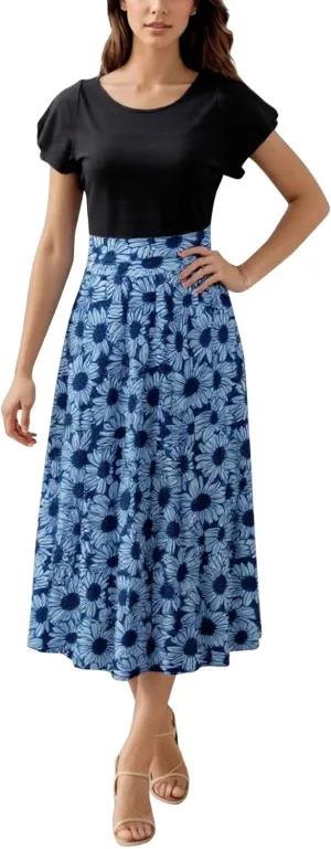 Superband Women Summer 2025 Maxi Dress Vacation Floral Short SleeveSquare Neck Casual Boho Split Beach Long Flowy Sundress