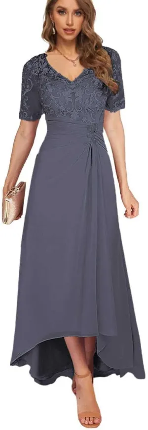 Tea Length Mother of The Bride Dresses for Women High Low Lace Formal Wedding Party Dress with Sleeves