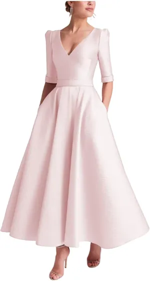 Tea Length Prom Dresses for Women Satin Elegant Formal Evening Gowns A Line Wedding Guest Dress with Sleeves