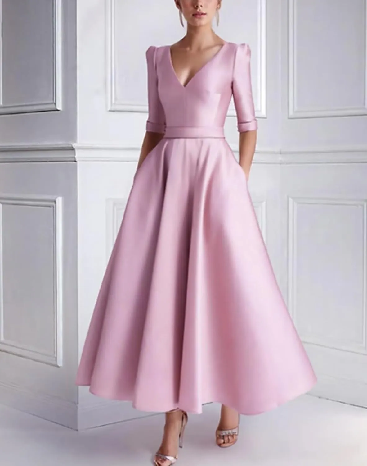 Tea Length Prom Dresses for Women Satin Elegant Formal Evening Gowns A Line Wedding Guest Dress with Sleeves