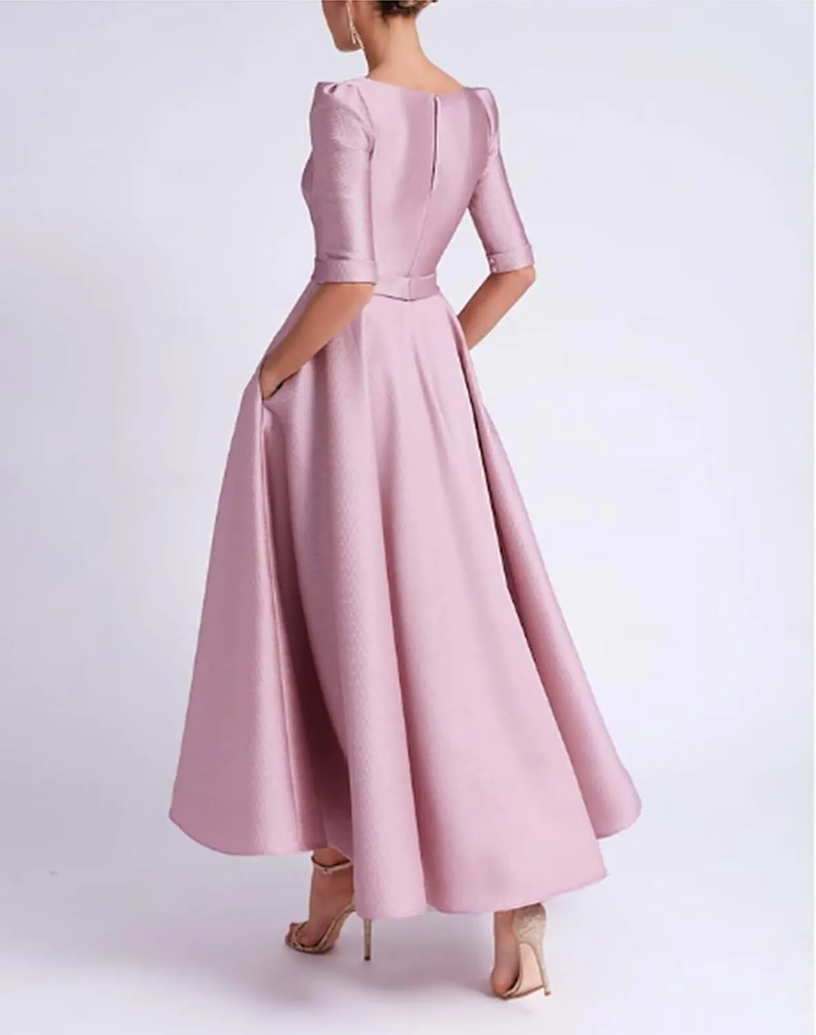 Tea Length Prom Dresses for Women Satin Elegant Formal Evening Gowns A Line Wedding Guest Dress with Sleeves
