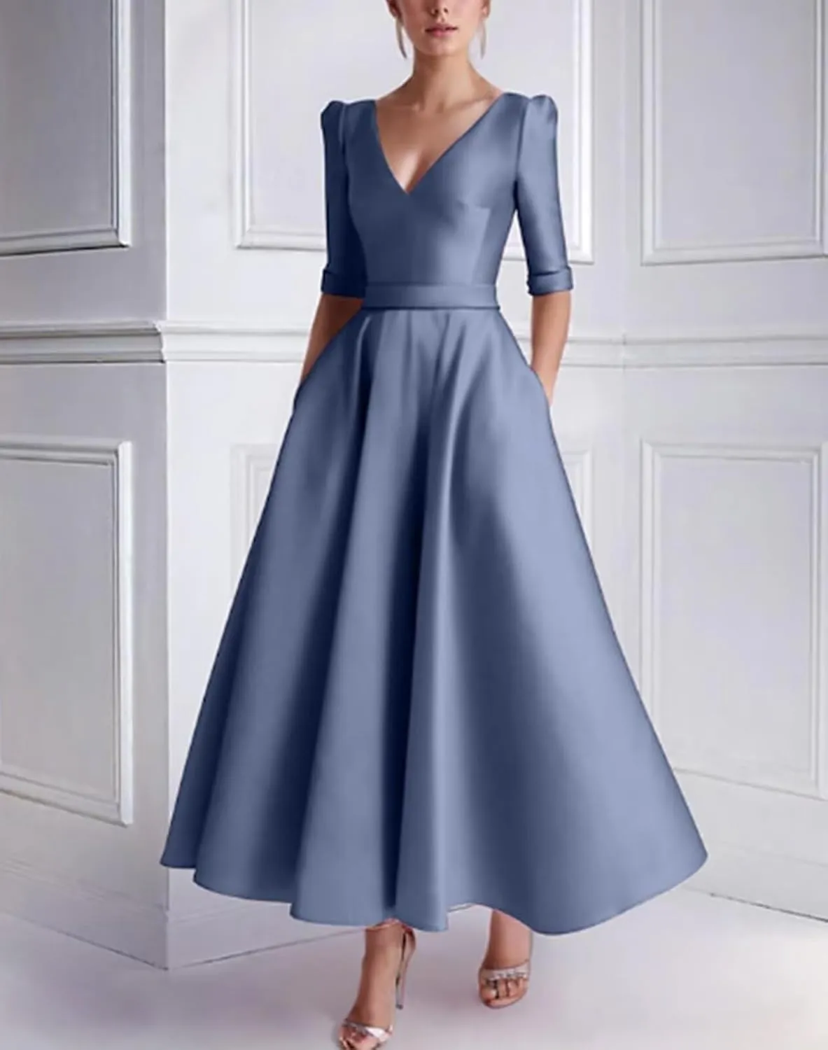 Tea Length Prom Dresses for Women Satin Elegant Formal Evening Gowns A Line Wedding Guest Dress with Sleeves