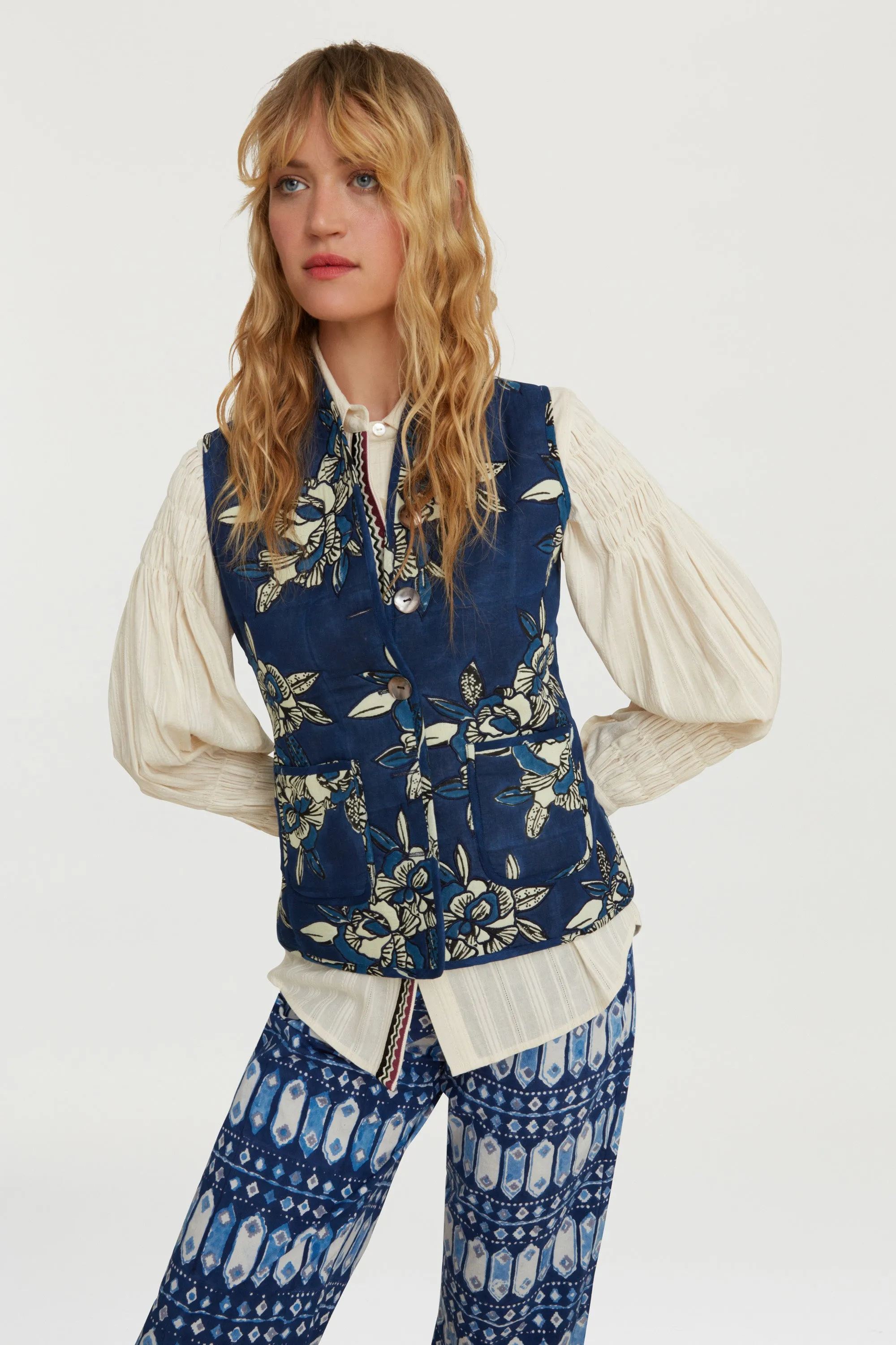 Tiblish Reversible Gilet in Indigo Blues