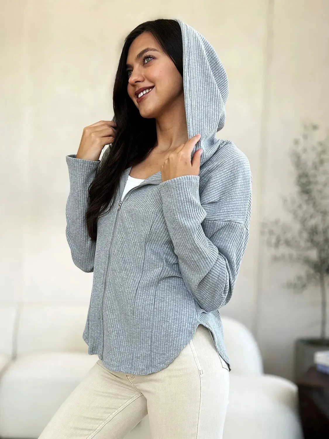 Trendy Zip-Up Jacket with Adjustable Drawstring Hood