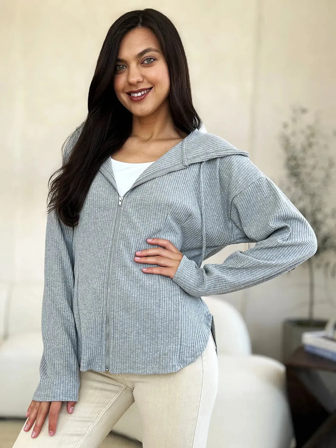Trendy Zip-Up Jacket with Adjustable Drawstring Hood