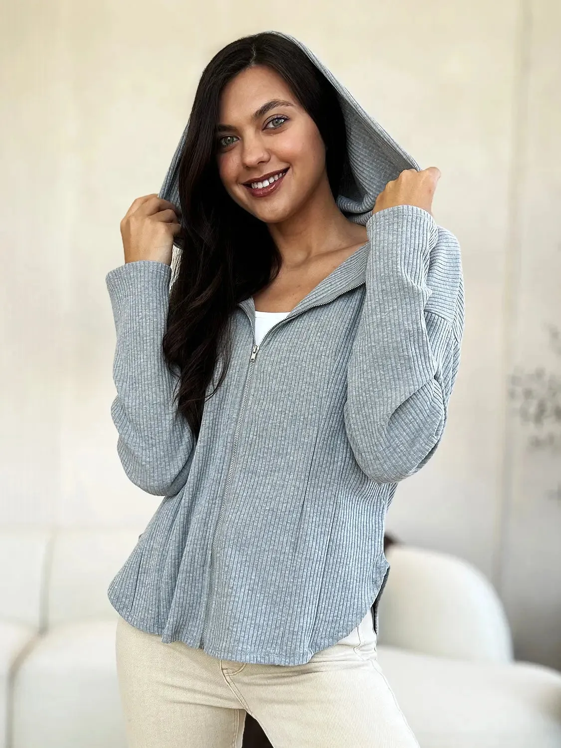 Trendy Zip-Up Jacket with Adjustable Drawstring Hood