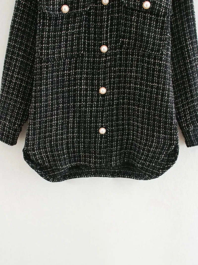 Tweed Women Pearl Button Shirts Spring Fashion Ladies Oversize Thick Shirt Streetwear Female Outfits Cute Girls Chic Shirts