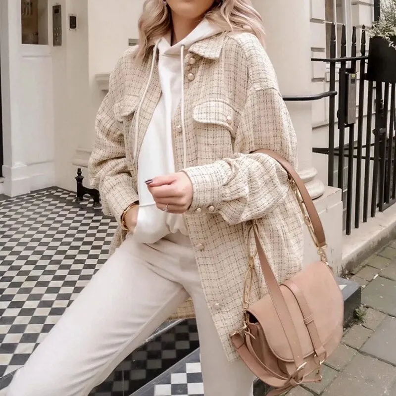 Tweed Women Pearl Button Shirts Spring Fashion Ladies Oversize Thick Shirt Streetwear Female Outfits Cute Girls Chic Shirts