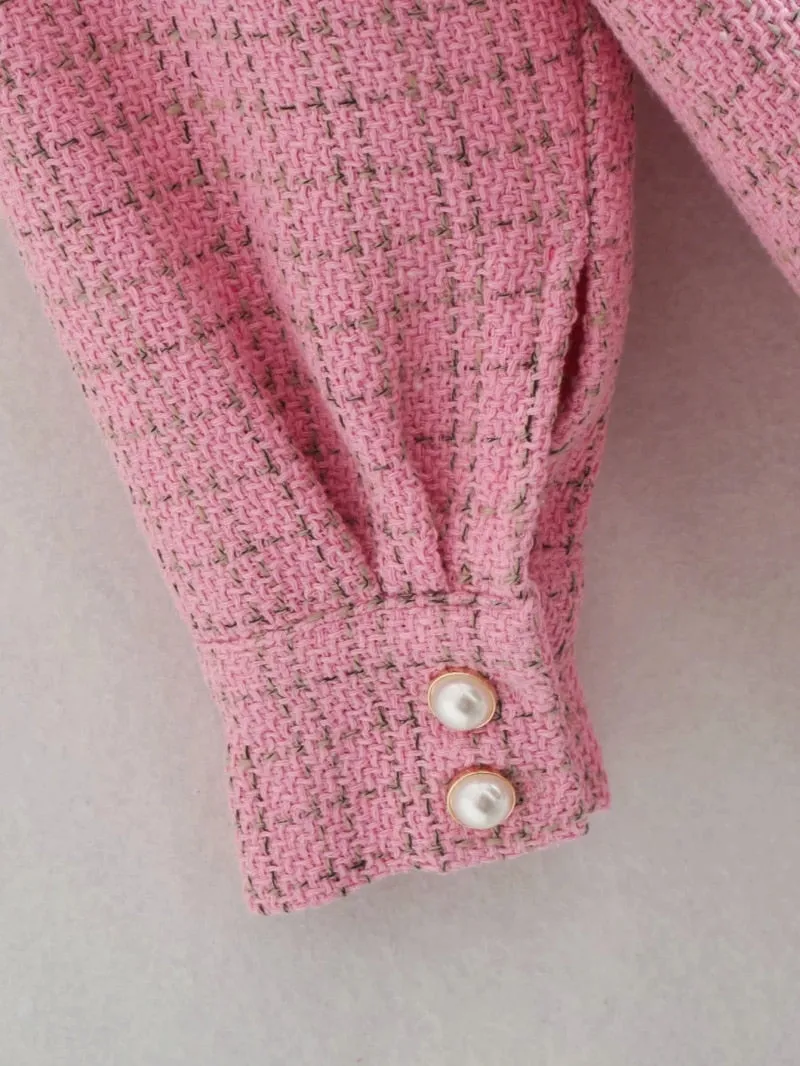 Tweed Women Pearl Button Shirts Spring Fashion Ladies Oversize Thick Shirt Streetwear Female Outfits Cute Girls Chic Shirts
