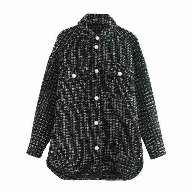 Tweed Women Pearl Button Shirts Spring Fashion Ladies Oversize Thick Shirt Streetwear Female Outfits Cute Girls Chic Shirts