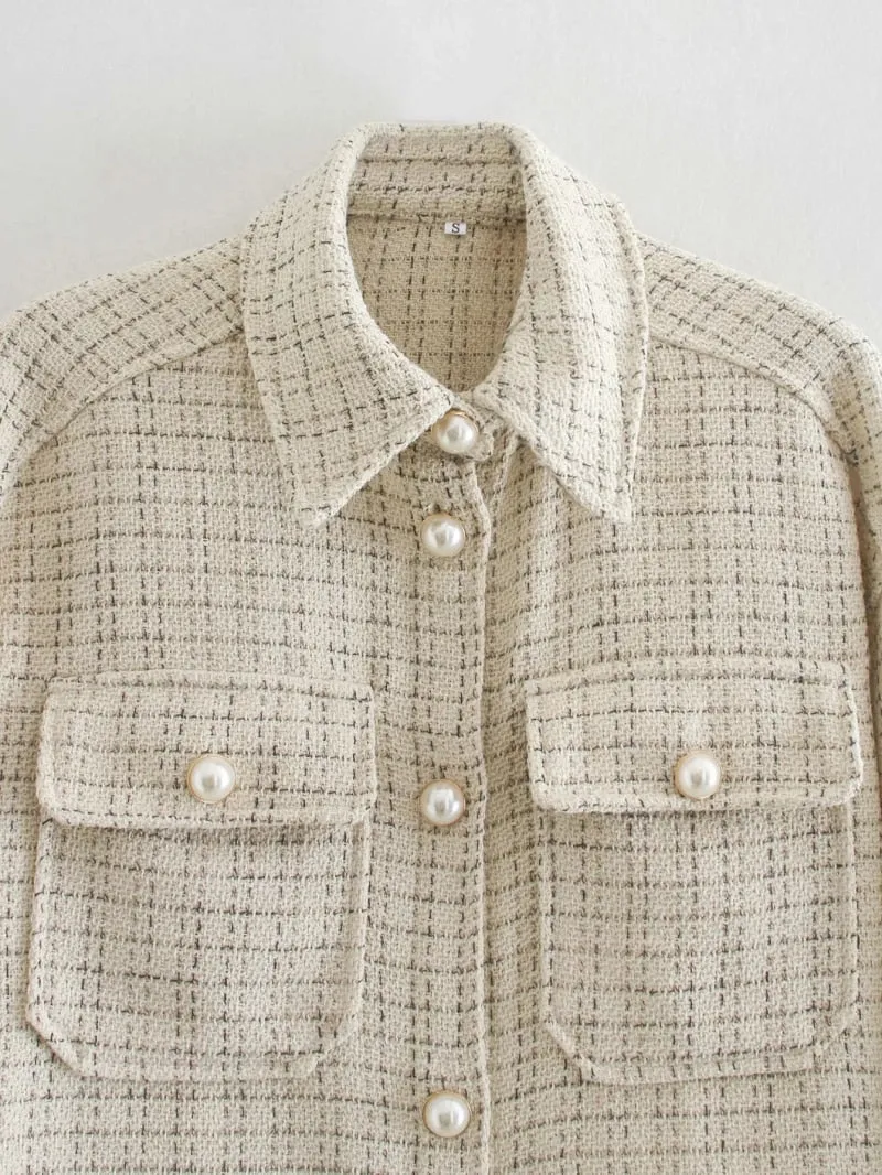 Tweed Women Pearl Button Shirts Spring Fashion Ladies Oversize Thick Shirt Streetwear Female Outfits Cute Girls Chic Shirts