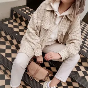 Tweed Women Pearl Button Shirts Spring Fashion Ladies Oversize Thick Shirt Streetwear Female Outfits Cute Girls Chic Shirts
