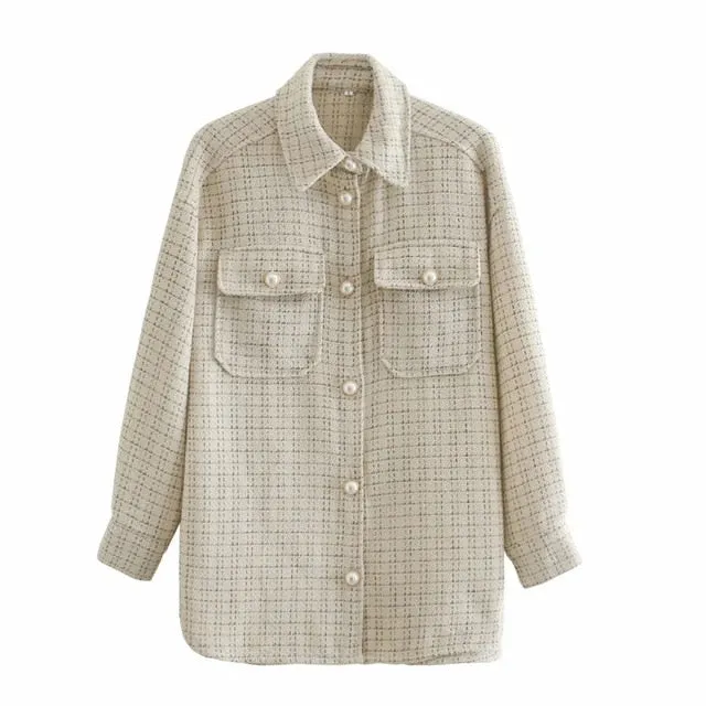 Tweed Women Pearl Button Shirts Spring Fashion Ladies Oversize Thick Shirt Streetwear Female Outfits Cute Girls Chic Shirts