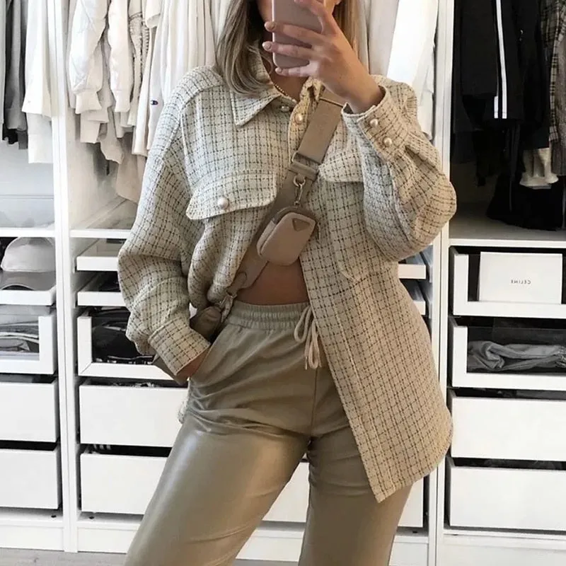 Tweed Women Pearl Button Shirts Spring Fashion Ladies Oversize Thick Shirt Streetwear Female Outfits Cute Girls Chic Shirts