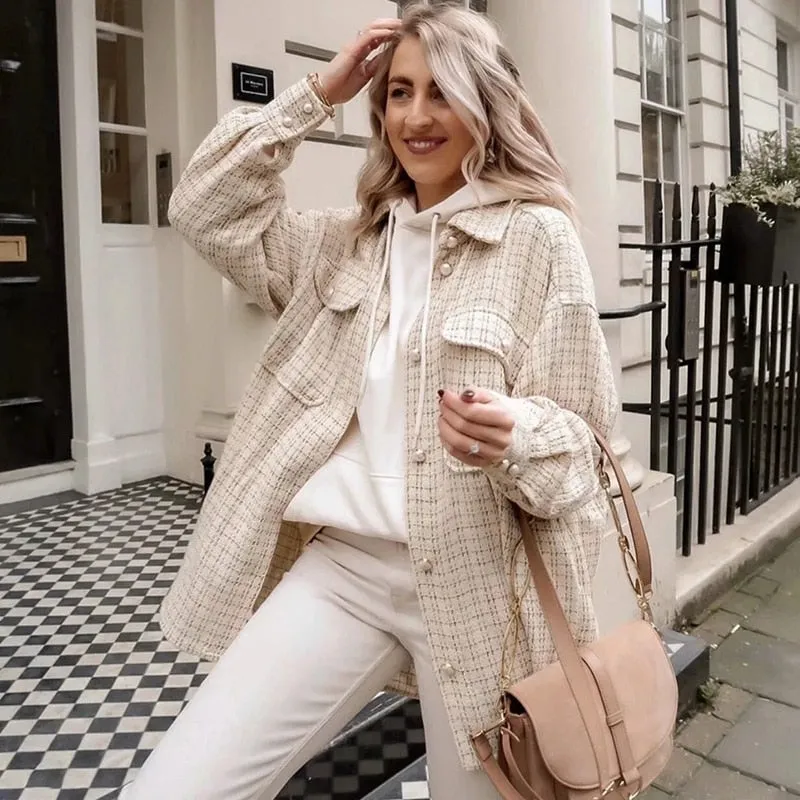 Tweed Women Pearl Button Shirts Spring Fashion Ladies Oversize Thick Shirt Streetwear Female Outfits Cute Girls Chic Shirts