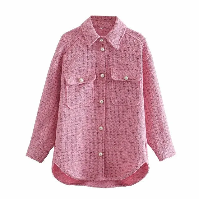 Tweed Women Pearl Button Shirts Spring Fashion Ladies Oversize Thick Shirt Streetwear Female Outfits Cute Girls Chic Shirts
