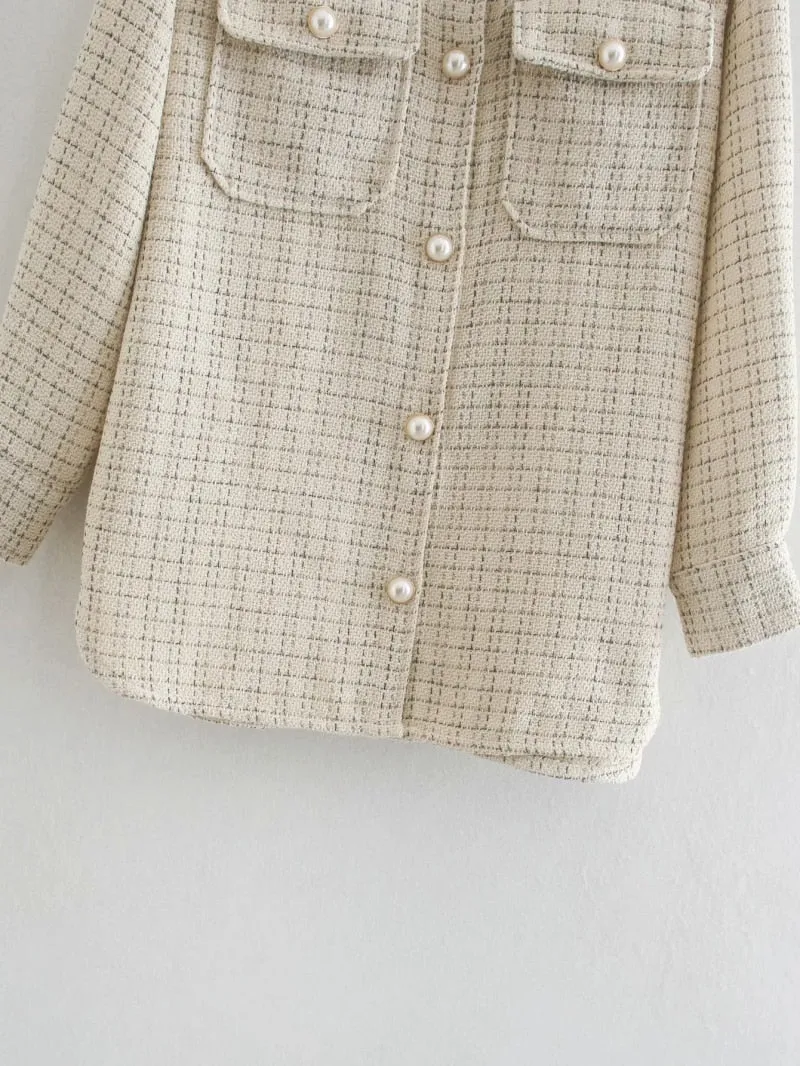 Tweed Women Pearl Button Shirts Spring Fashion Ladies Oversize Thick Shirt Streetwear Female Outfits Cute Girls Chic Shirts