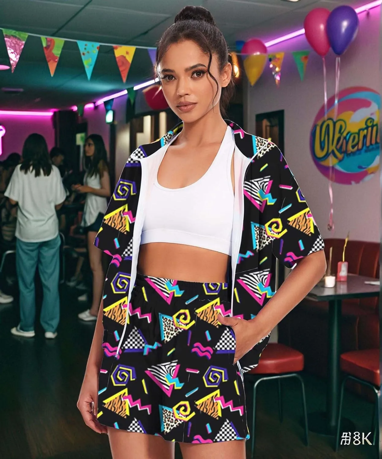 UOUA Women's 80s Color Block Outfits 2 Piece Tracksuit 90s Party Costume Summer Zip Up Windbreaker & Short Sets