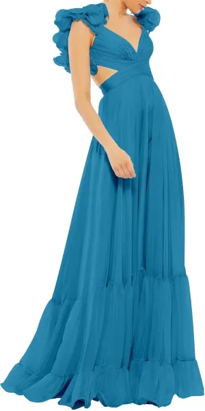 V Neck Chiffon Prom Dresses Women's Ruffles Flower Spaghetti Strap Ball Gowns A Line Formal Evening Gowns for Teens