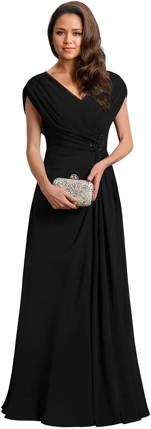V Neck Mother of The Bride Dresses for Women Ruched Chiffon Prom Gown Beaded Short Sleeves Evening Party Gown Wedding