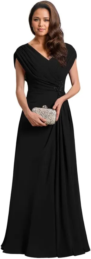 V Neck Mother of The Bride Dresses for Women Ruched Chiffon Prom Gown Beaded Short Sleeves Evening Party Gown Wedding