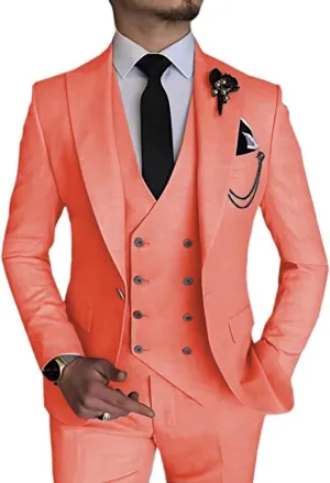 Wangyue 3 Piece Suit Slim Fit Men Suits Double Breasted Wedding Party One Button Blazer Jacket Vest Pants Sets Beige