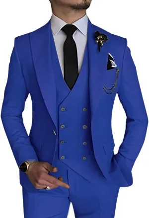 Wangyue 3 Piece Suit Slim Fit Men Suits Double Breasted Wedding Party One Button Blazer Jacket Vest Pants Sets Beige