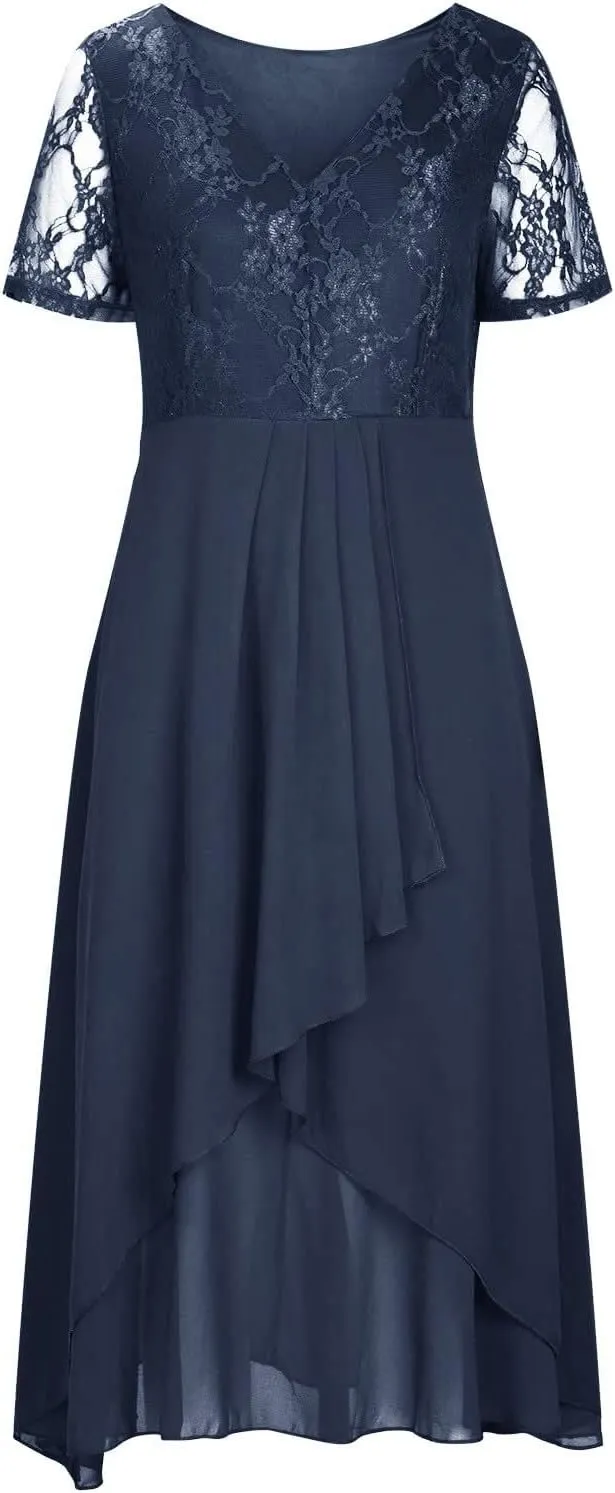 Wedding Duest Dresses for Women Vintage V-Neck Floral Lace Contrast Chiffon Prom Party Dress Gowns 2025