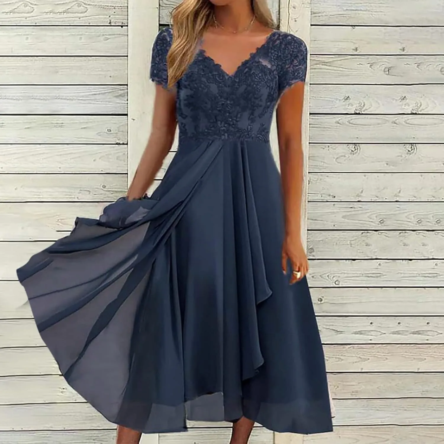 Wedding Duest Dresses for Women Vintage V-Neck Floral Lace Contrast Chiffon Prom Party Dress Gowns 2025
