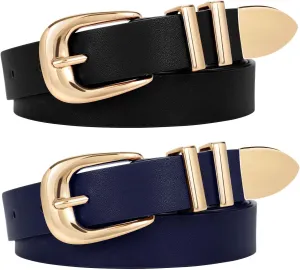 WERFORU 2 Pack Women Leather Belt Fashion Leather Waist Belt for Pants Jean Ladies Western Belt with Gold/Silver Buckle-
