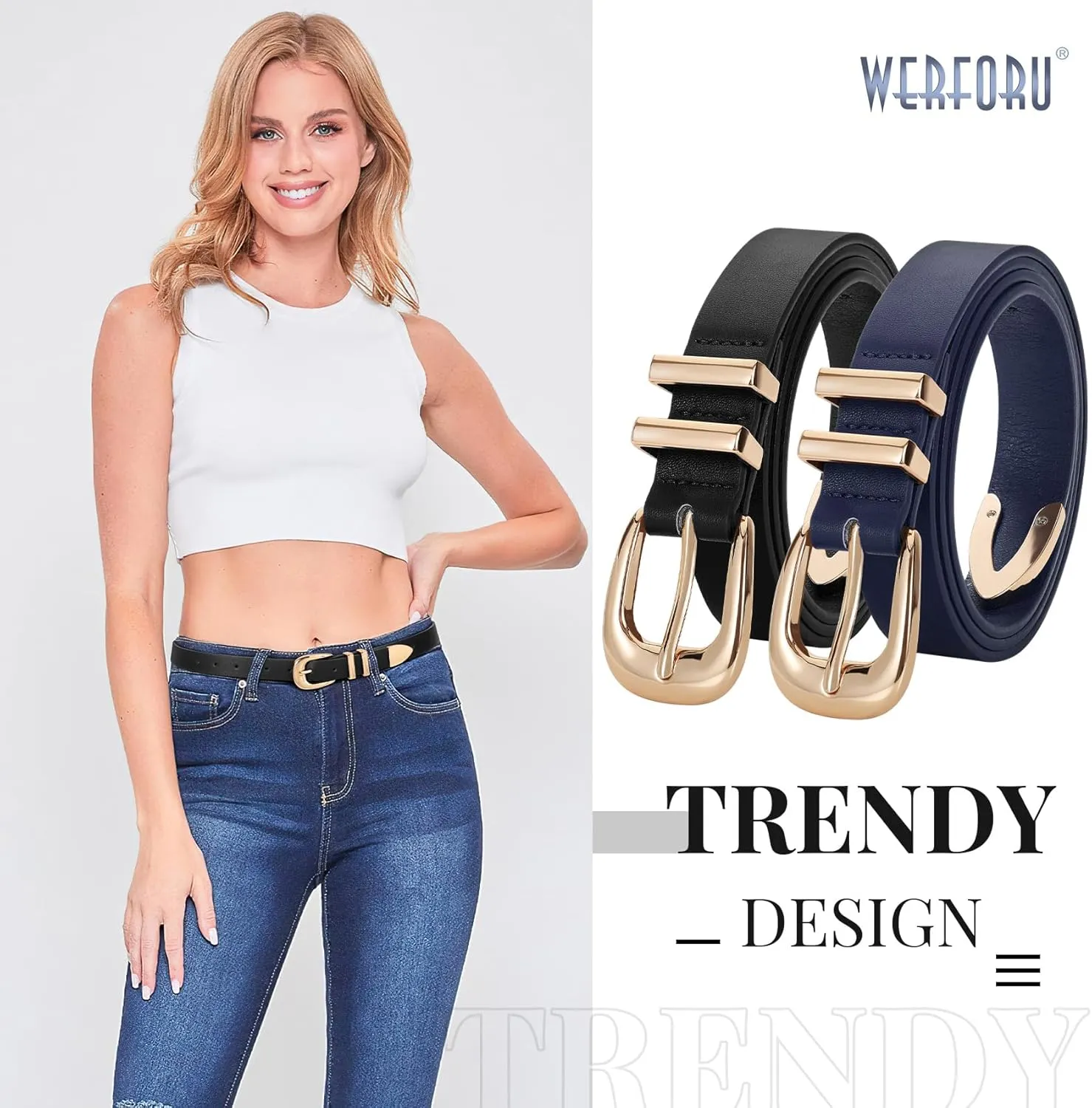 WERFORU 2 Pack Women Leather Belt Fashion Leather Waist Belt for Pants Jean Ladies Western Belt with Gold/Silver Buckle-