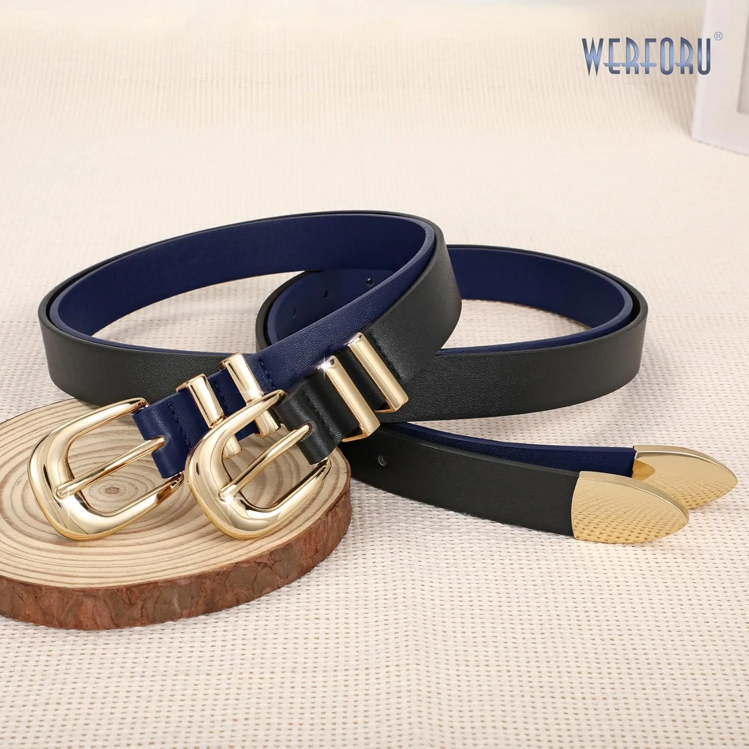 WERFORU 2 Pack Women Leather Belt Fashion Leather Waist Belt for Pants Jean Ladies Western Belt with Gold/Silver Buckle-