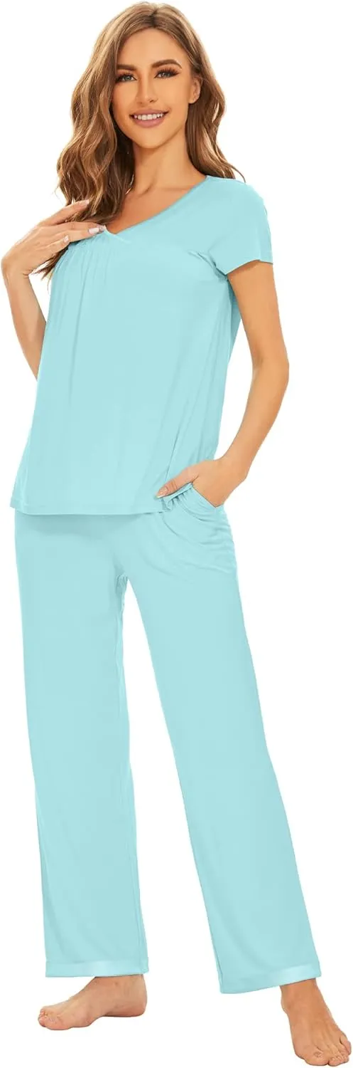 WiWi Viscose from Bamboo Pajamas for Women Soft Short Sleeve Pajama Set with Pants Pjs Lightweight Loungewear S-XXL