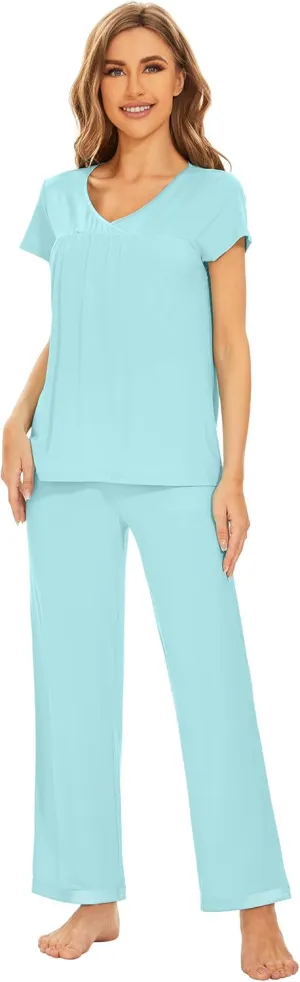 WiWi Viscose from Bamboo Pajamas for Women Soft Short Sleeve Pajama Set with Pants Pjs Lightweight Loungewear S-XXL
