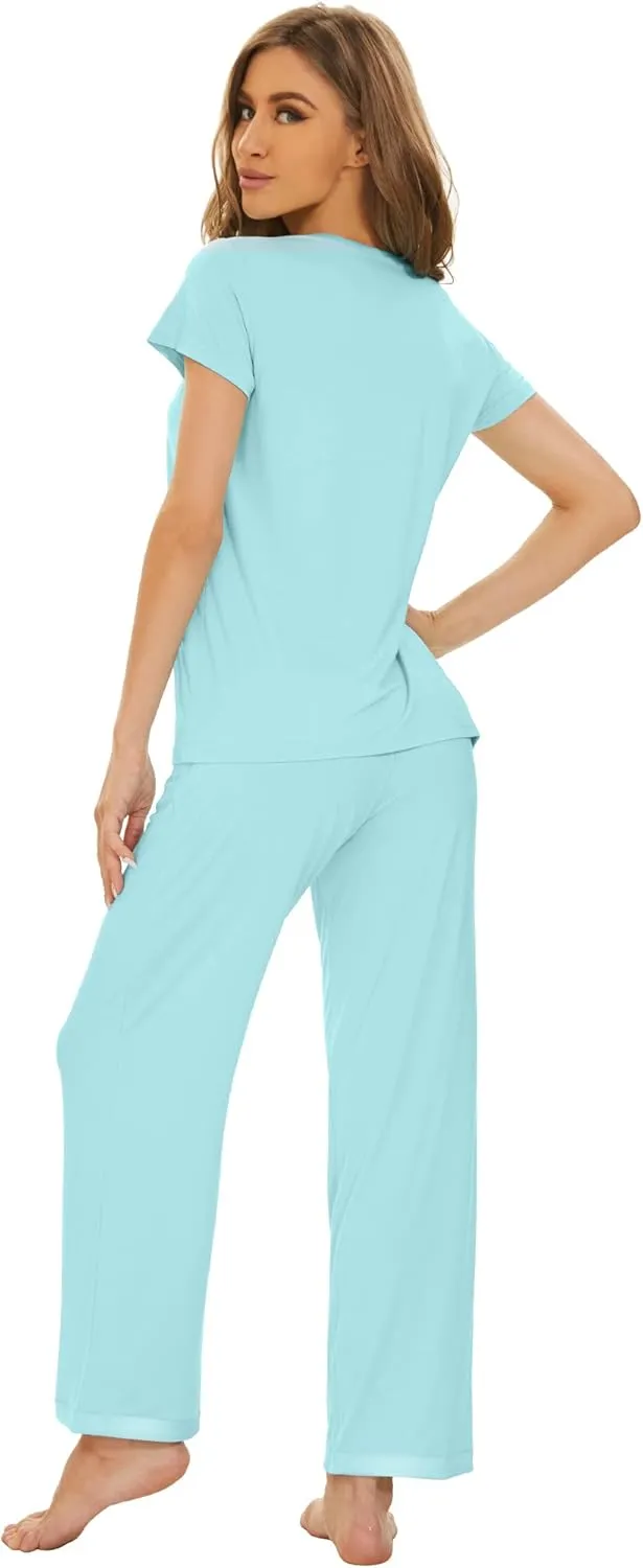 WiWi Viscose from Bamboo Pajamas for Women Soft Short Sleeve Pajama Set with Pants Pjs Lightweight Loungewear S-XXL