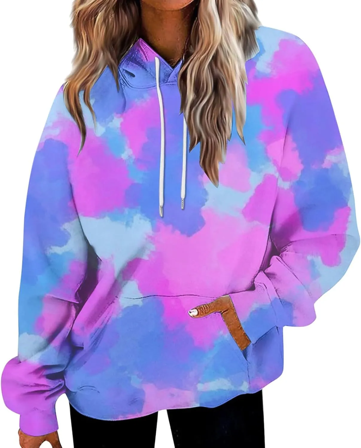 Women Fashion Tie Dye Sweatshirts Long Sleeve Hoodies Loose Oversized Pullover Casual Fall Winter Hoodies With Pocket