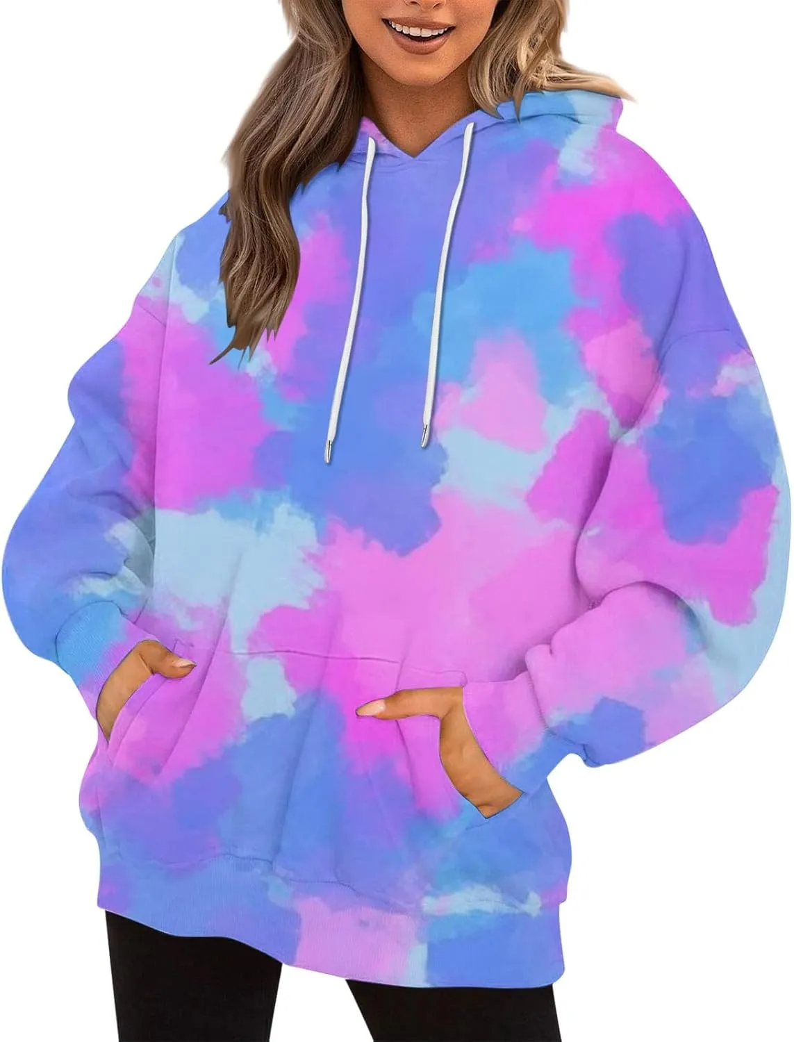 Women Fashion Tie Dye Sweatshirts Long Sleeve Hoodies Loose Oversized Pullover Casual Fall Winter Hoodies With Pocket
