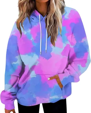 Women Fashion Tie Dye Sweatshirts Long Sleeve Hoodies Loose Oversized Pullover Casual Fall Winter Hoodies With Pocket