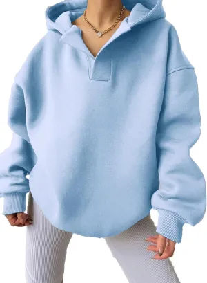Women Hoodies Oversized Fleece Long Sleeve Comfy Casual V Neck Pullover Sweatshirts Preppy Clothes