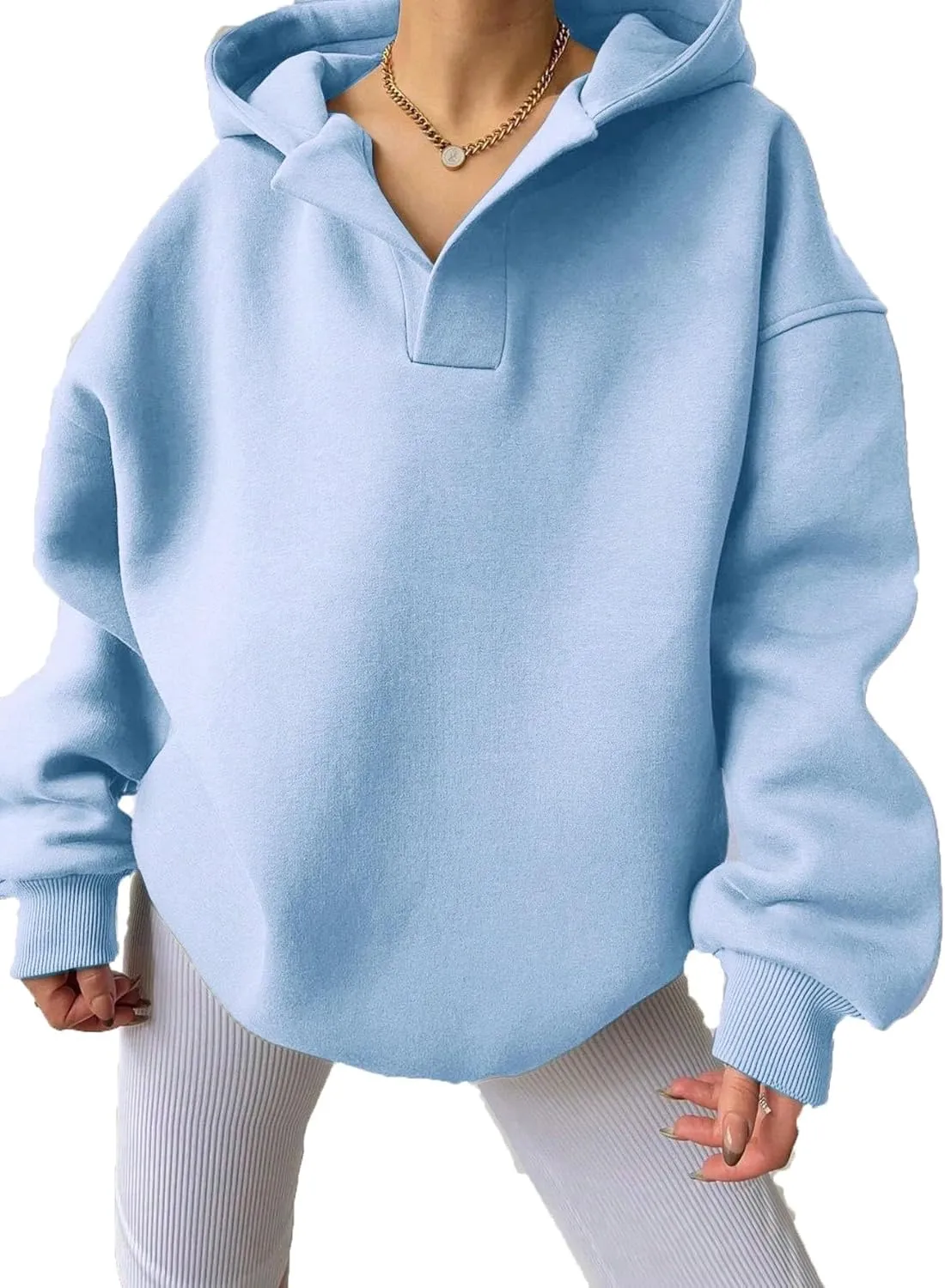Women Hoodies Oversized Fleece Long Sleeve Comfy Casual V Neck Pullover Sweatshirts Preppy Clothes