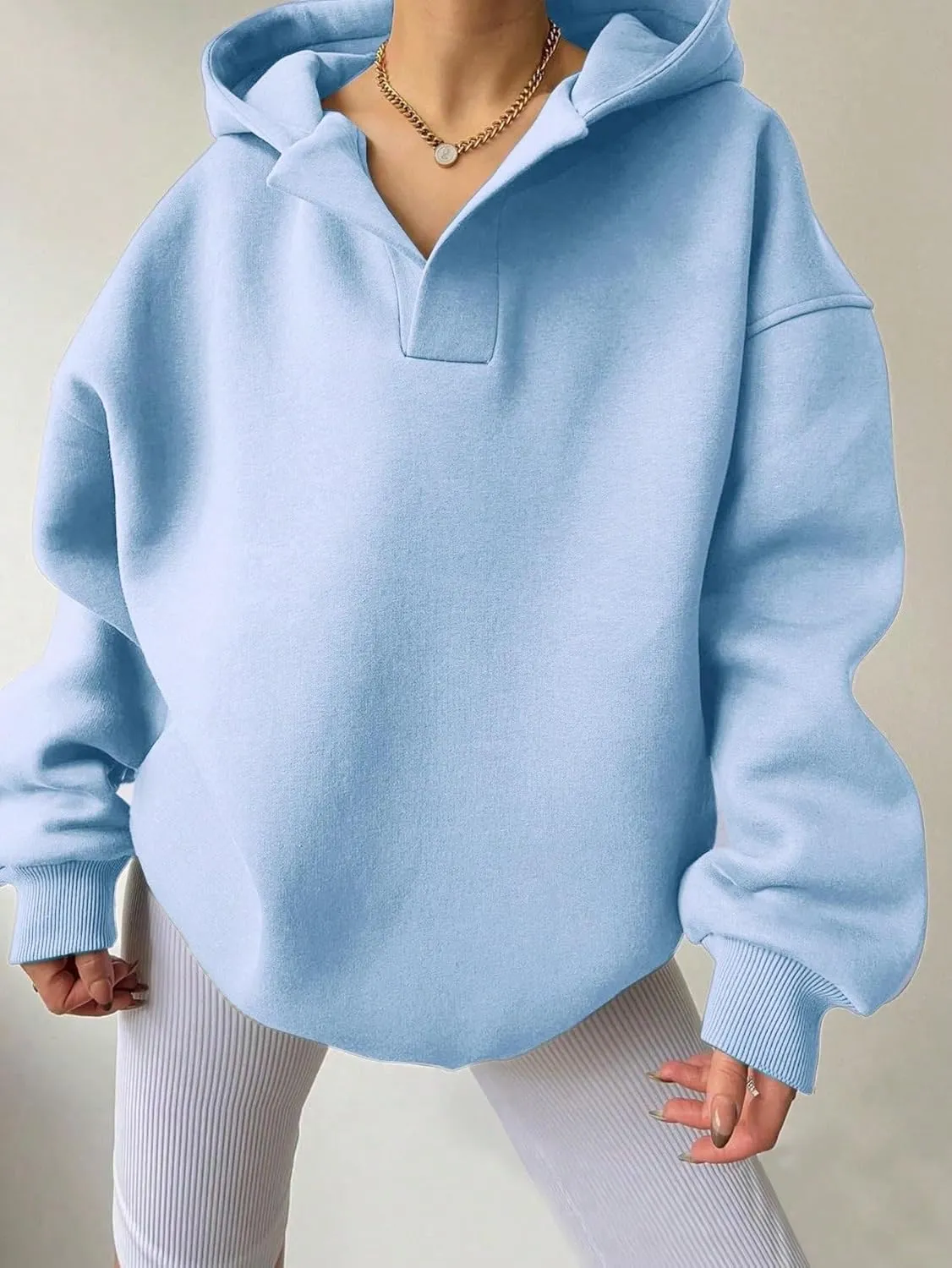Women Hoodies Oversized Fleece Long Sleeve Comfy Casual V Neck Pullover Sweatshirts Preppy Clothes