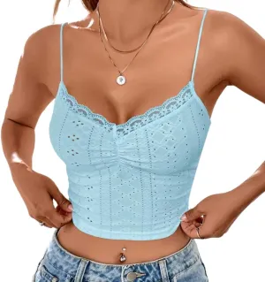 Women Lace Trim Spaghetti Strap Crop Cami Top Sleeveless Eyelet Embroidery Ruched Solid Slim Fit Crop Camisole