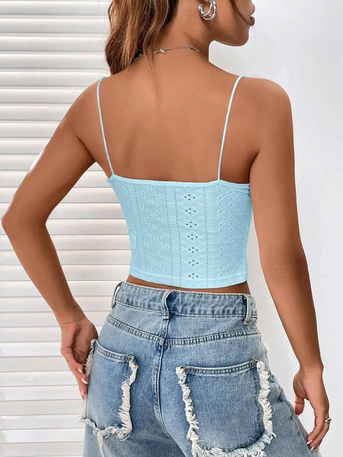 Women Lace Trim Spaghetti Strap Crop Cami Top Sleeveless Eyelet Embroidery Ruched Solid Slim Fit Crop Camisole