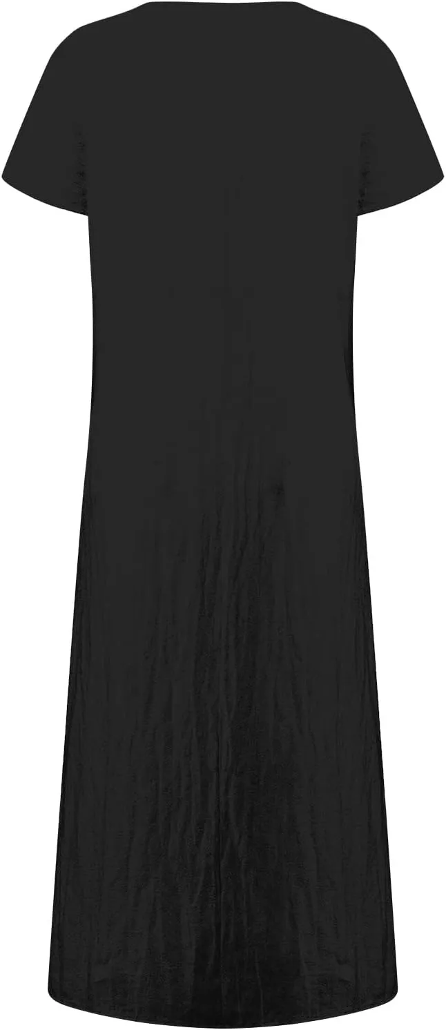 Women Summer Dress Cotton Linen Crewneck Short Sleeve Tunic Curvy Casual Plain Beach Vacation Plus Size Midi Sundress