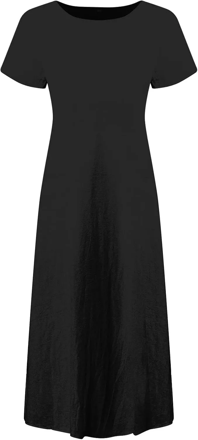 Women Summer Dress Cotton Linen Crewneck Short Sleeve Tunic Curvy Casual Plain Beach Vacation Plus Size Midi Sundress
