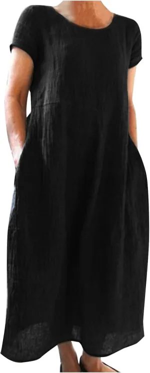 Women Summer Dress Cotton Linen Crewneck Short Sleeve Tunic Curvy Casual Plain Beach Vacation Plus Size Midi Sundress