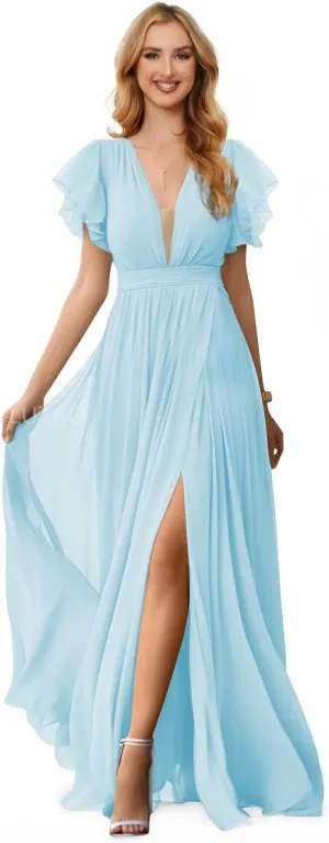 Women V Neck Bridesmaid Dresses for Wedding 2024 Long Chiffon Formal Evening Dress Ruffle Sleeves Prom Dresses