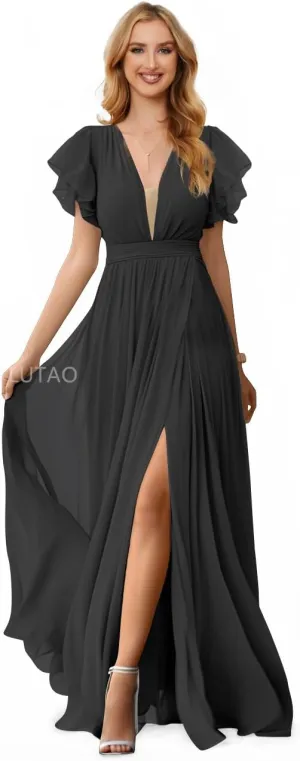 Women V Neck Bridesmaid Dresses for Wedding 2024 Long Chiffon Formal Evening Dress Ruffle Sleeves Prom Dresses