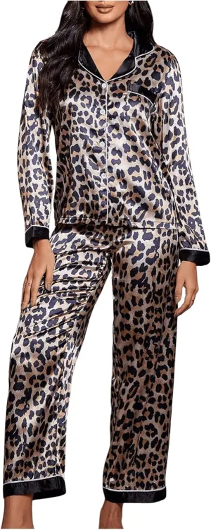 Women's 2 Piece Satin Pajama Set Leopard Print Long Sleeve Button Down Top and Pants Silk Pjs Cheetah Lounge Set
